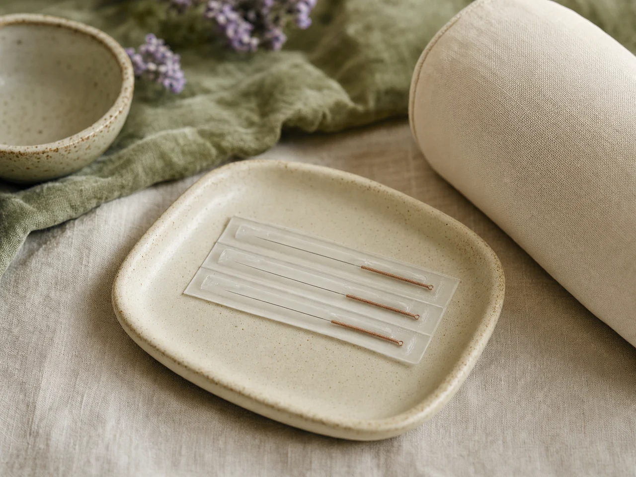 Fine acupuncture needles in sterile packets beside a ceramic bowl and linen bolster.