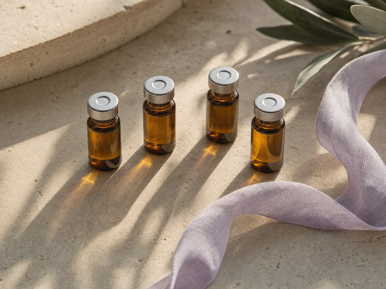 Small amber clinical vials arranged in a gentle arc on warm ivory stone.