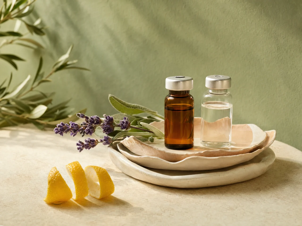 An amber vial and a clear vial on two overlapping pale ceramic dishes.