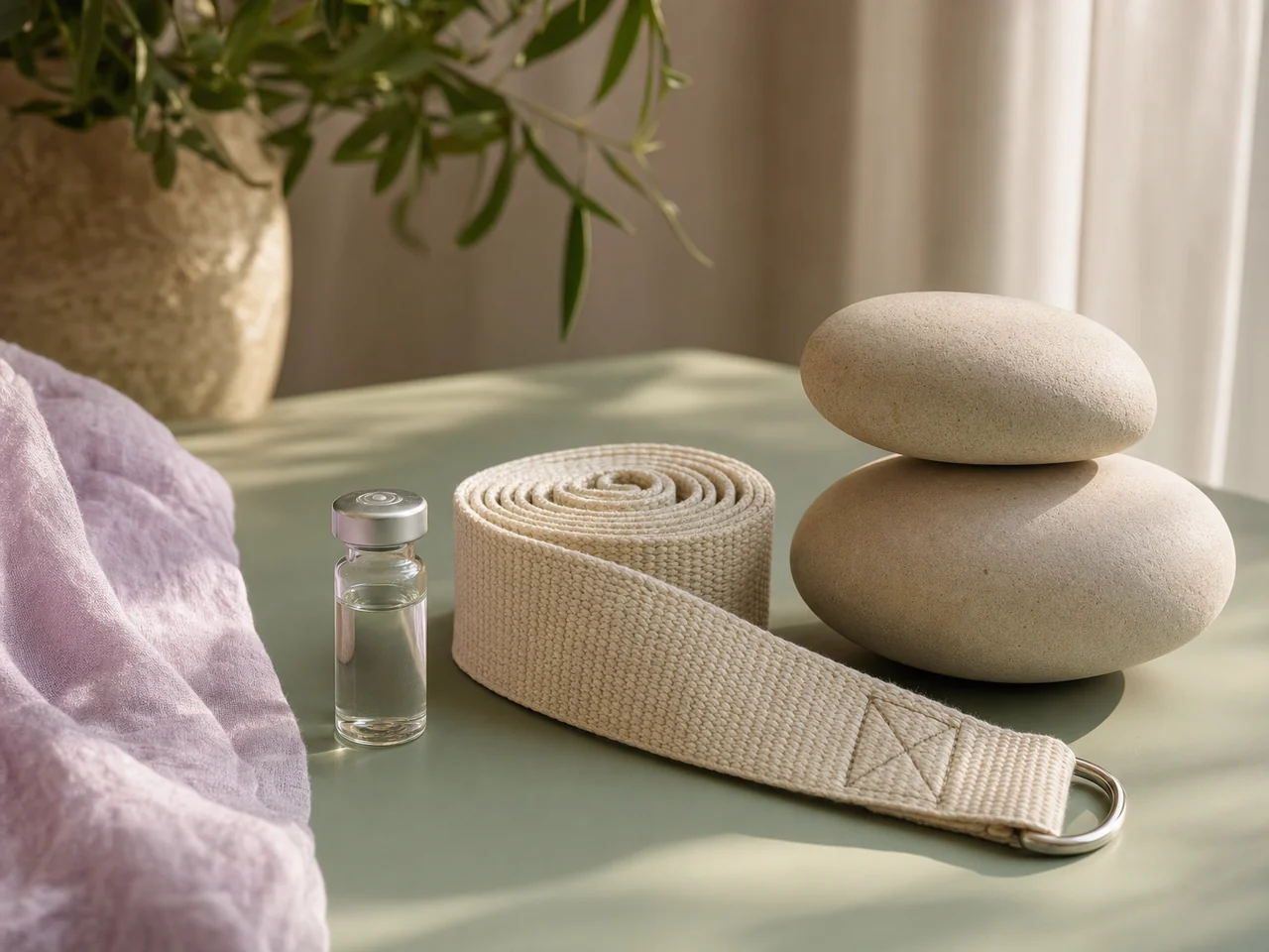 A nutrient vial, folded workout strap, and sculptural stone in a balanced still life.