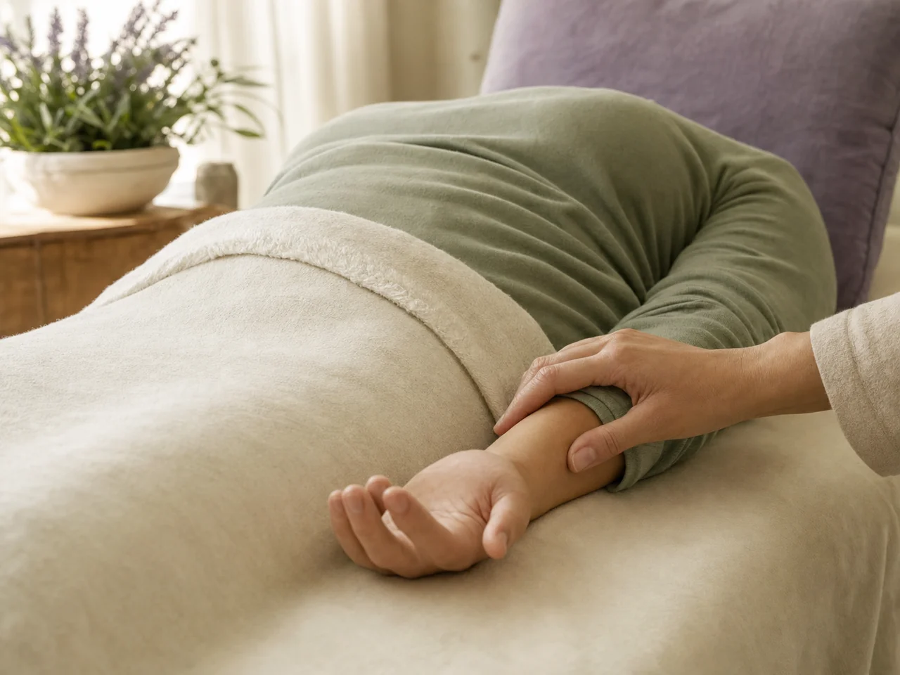An adult resting comfortably while a practitioner’s hand gently rests on the wrist.