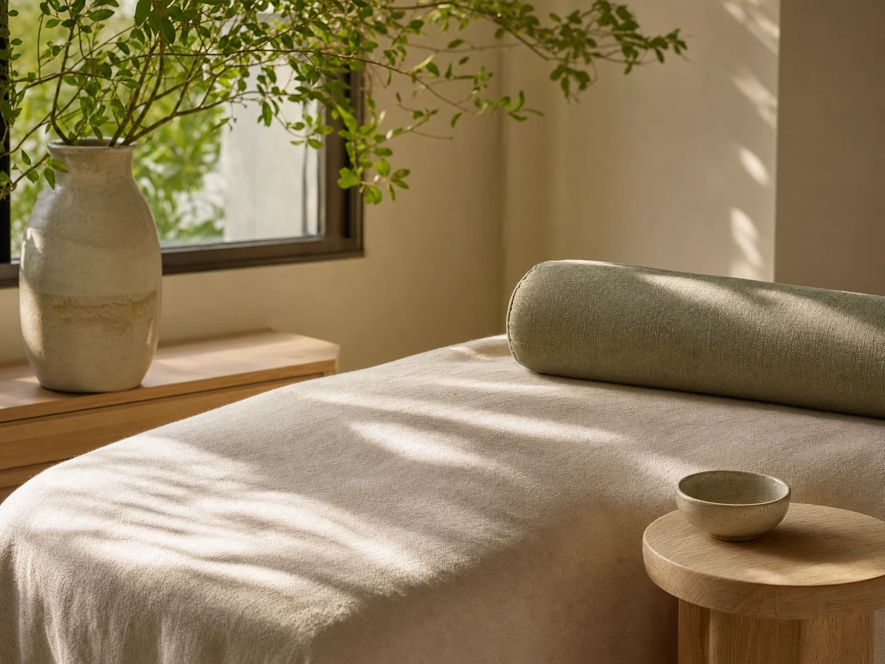 A sunlit treatment table with fresh linen, a ceramic bowl, and botanical greenery.