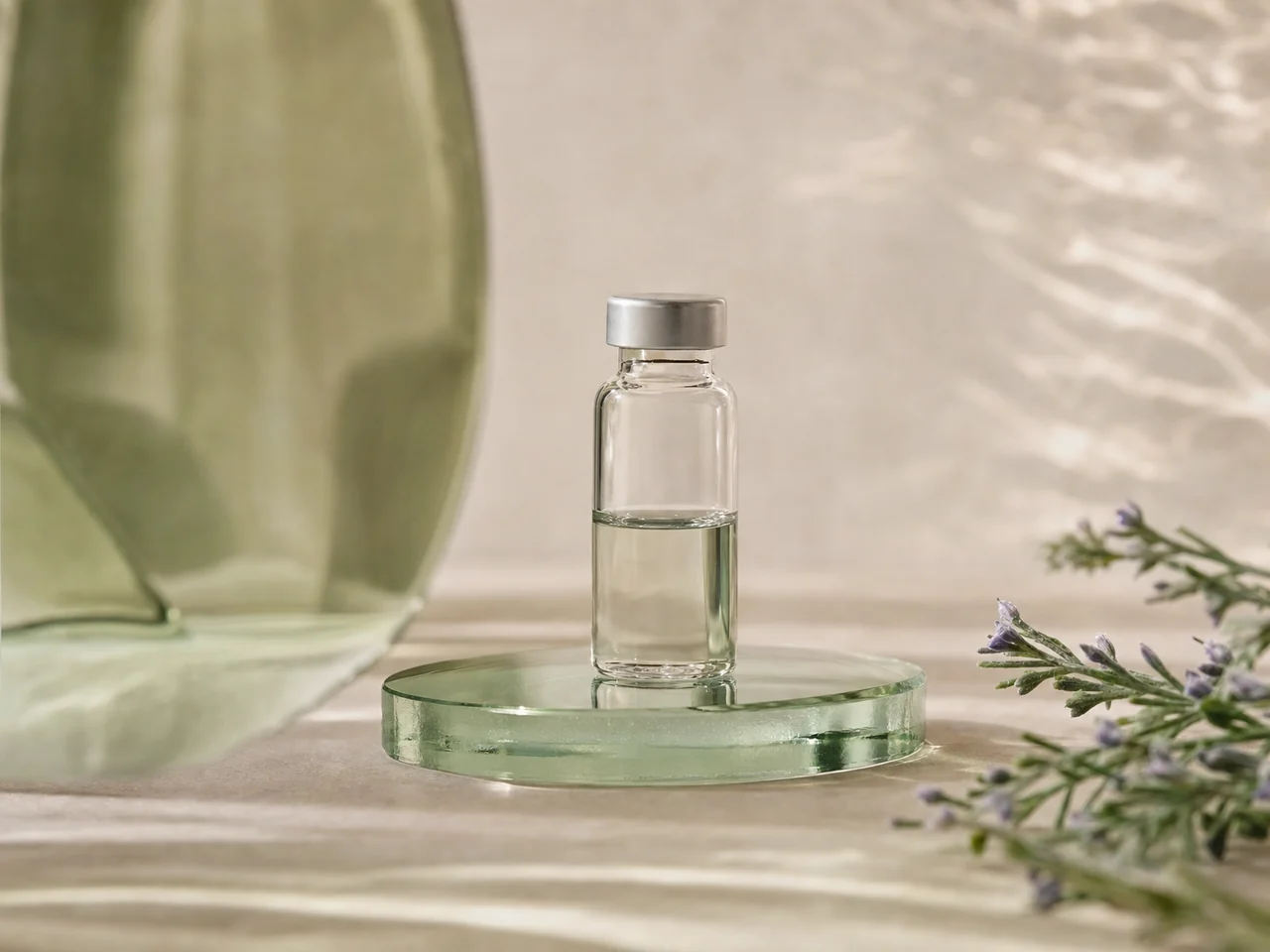 A clear clinical vial with soft green glass reflections and a fresh botanical sprig.