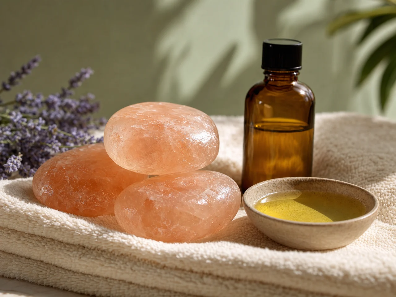 Pink Himalayan stones, a bowl of bodywork oil, and folded linen in warm light.
