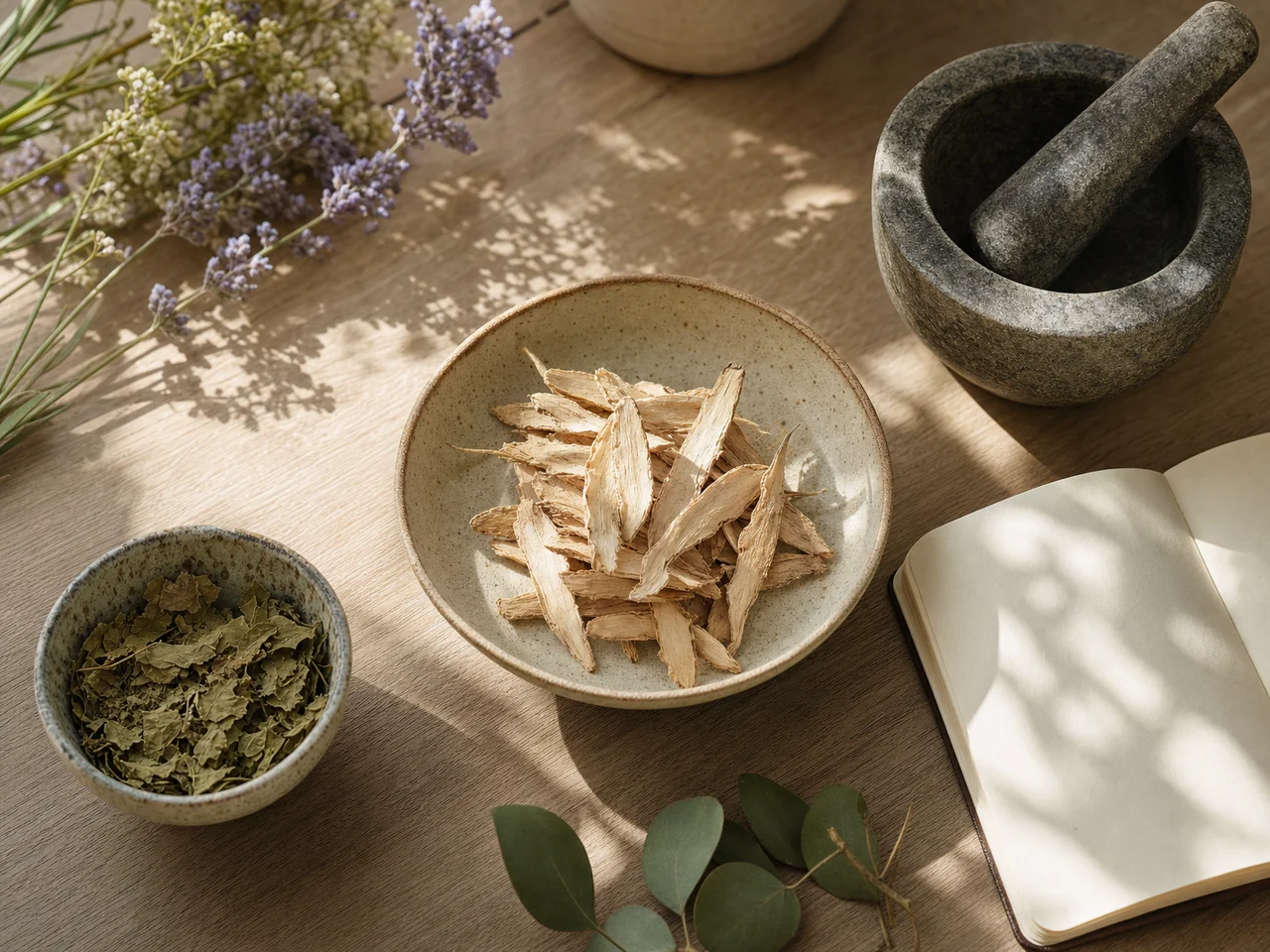 Dried roots, herbs, and a ceramic mortar arranged on a sunlit consultation table.