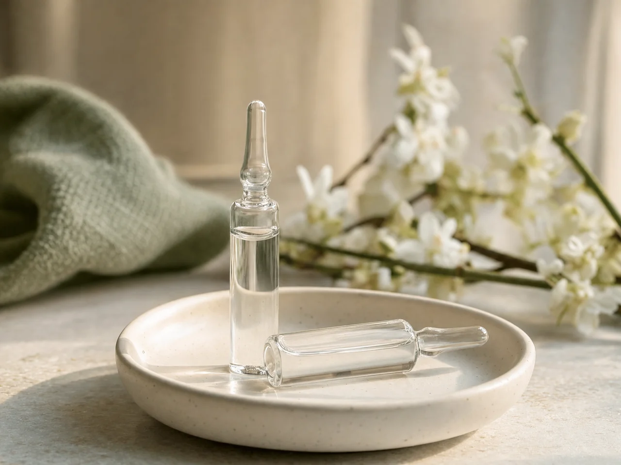 Two small clear glass ampoules on a ceramic tray beside a delicate botanical stem.