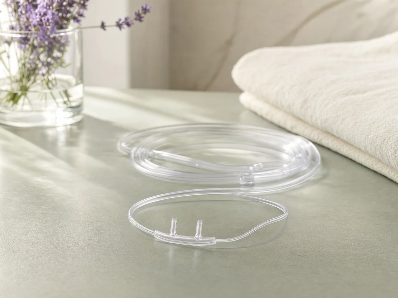 A clear nasal cannula coiled neatly beside a folded towel in a calm care setting.