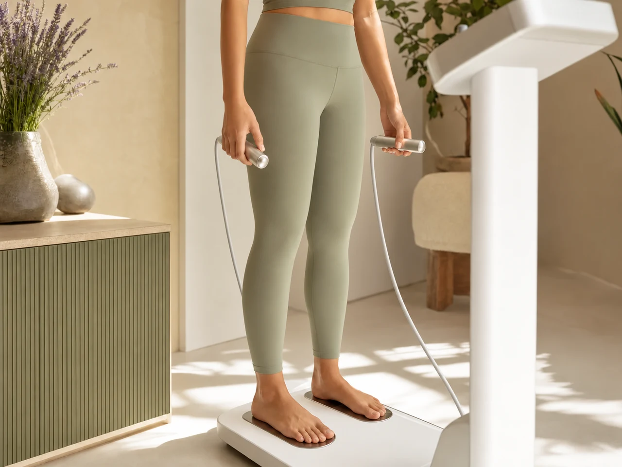 Bare feet on a body-composition platform with handheld measurement grips.