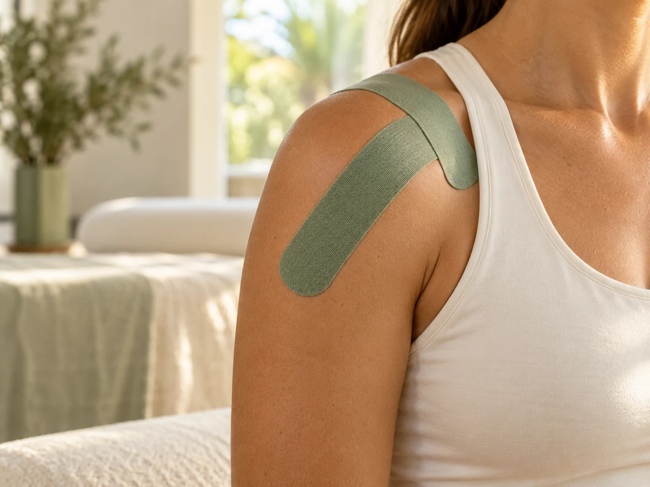 Elastic therapeutic tape applied to an adult shoulder and upper arm.