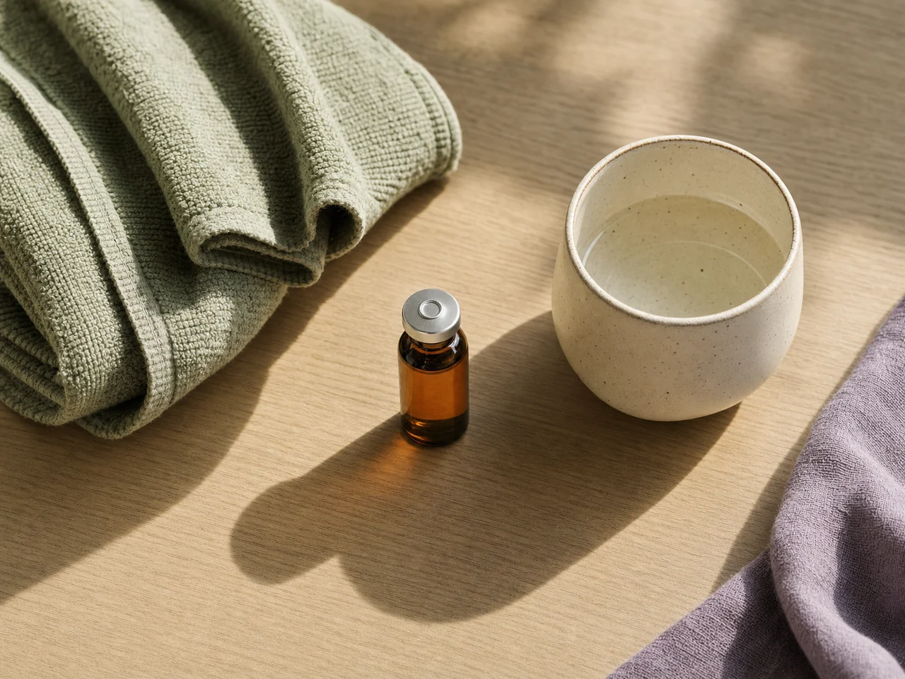 An amber nutrient vial beside a linen exercise towel and a ceramic water cup.