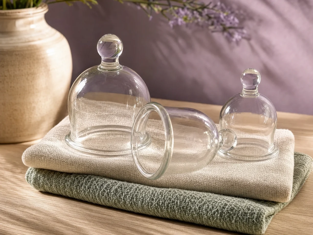Three transparent therapy cups arranged on folded sage and ivory treatment towels.
