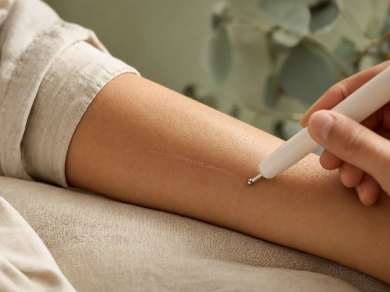 A hand holding a small rounded microcurrent pen beside a healed forearm scar.