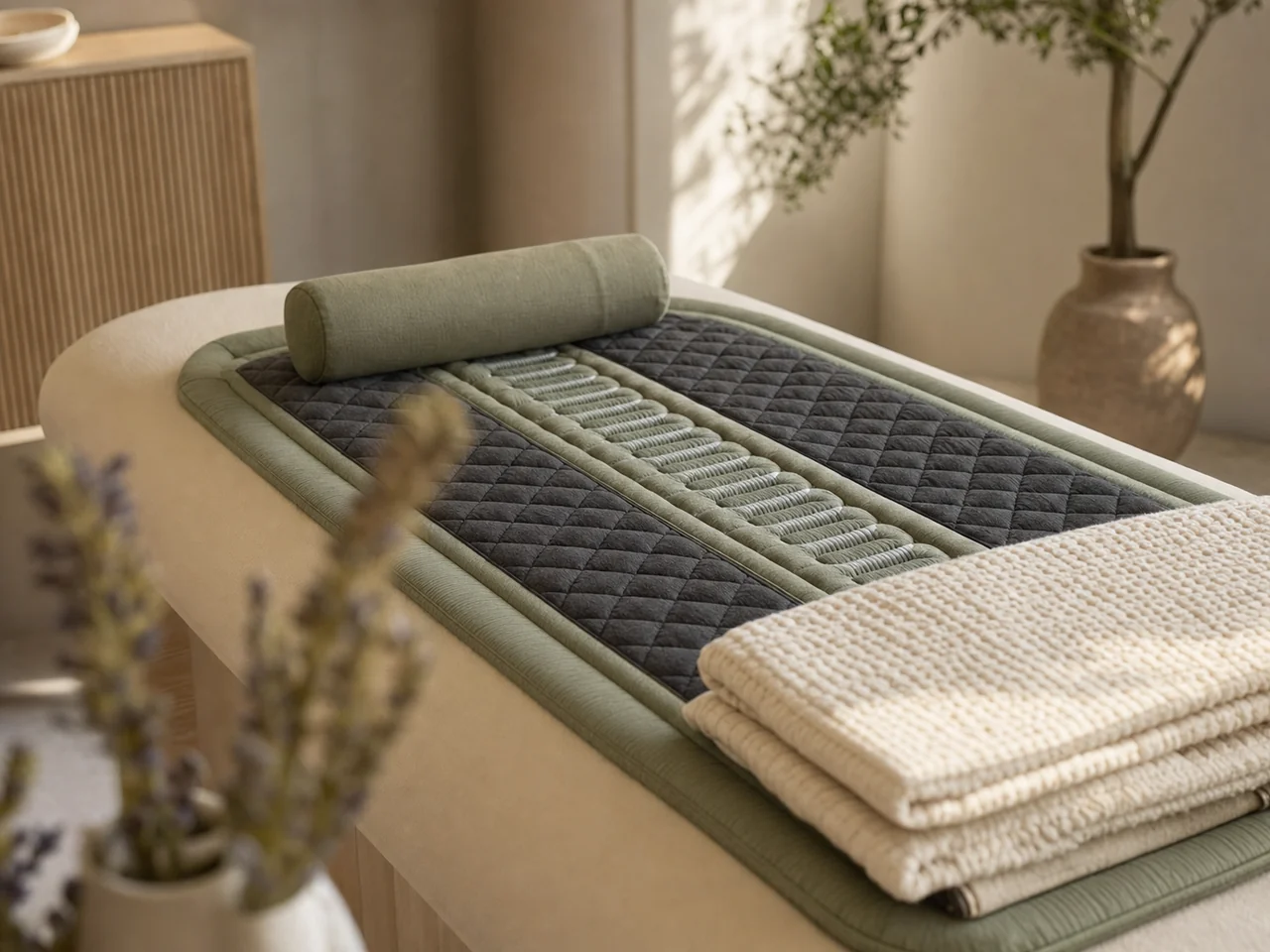 A textured therapy mat on a linen-covered treatment table in warm window light.