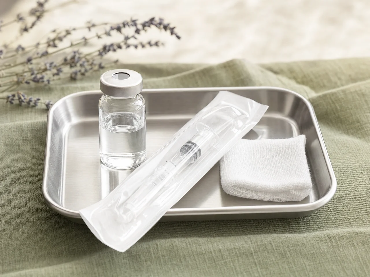 A sterile wrapped syringe and plain vial arranged on a small clinical tray.