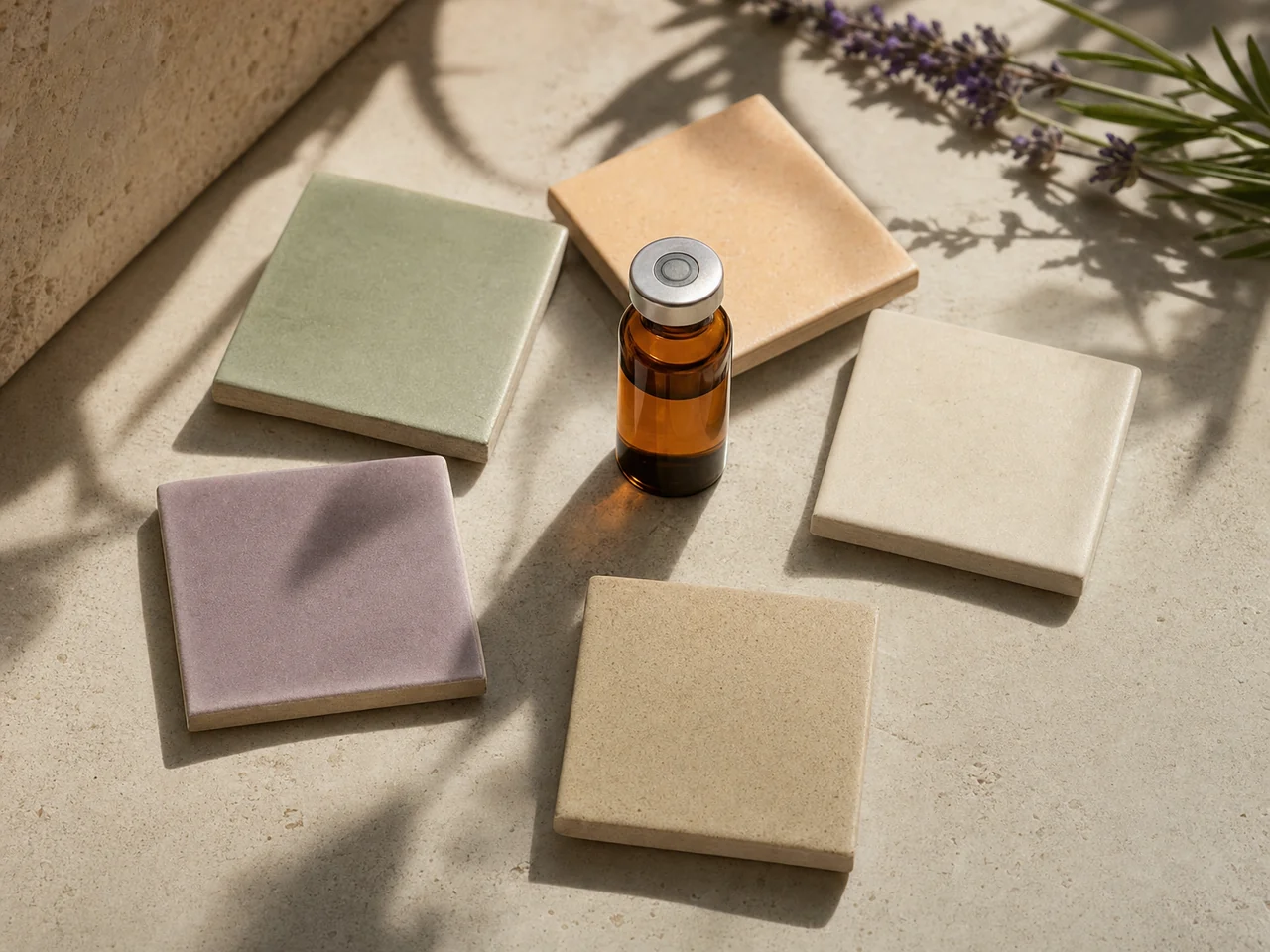A small amber vial among five pale mineral-colored ceramic tiles.