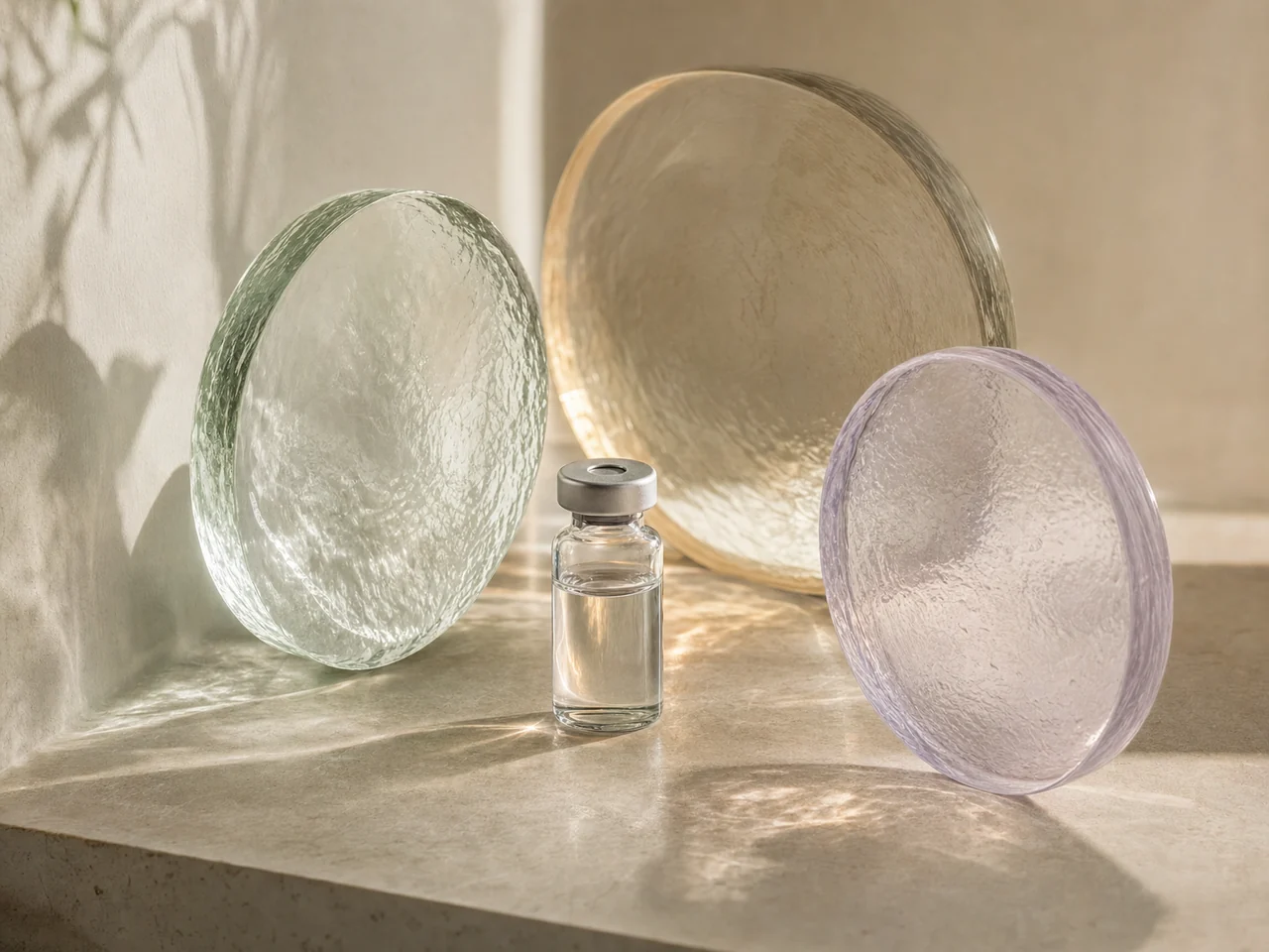Three translucent glass forms surrounding a small clear clinical vial.