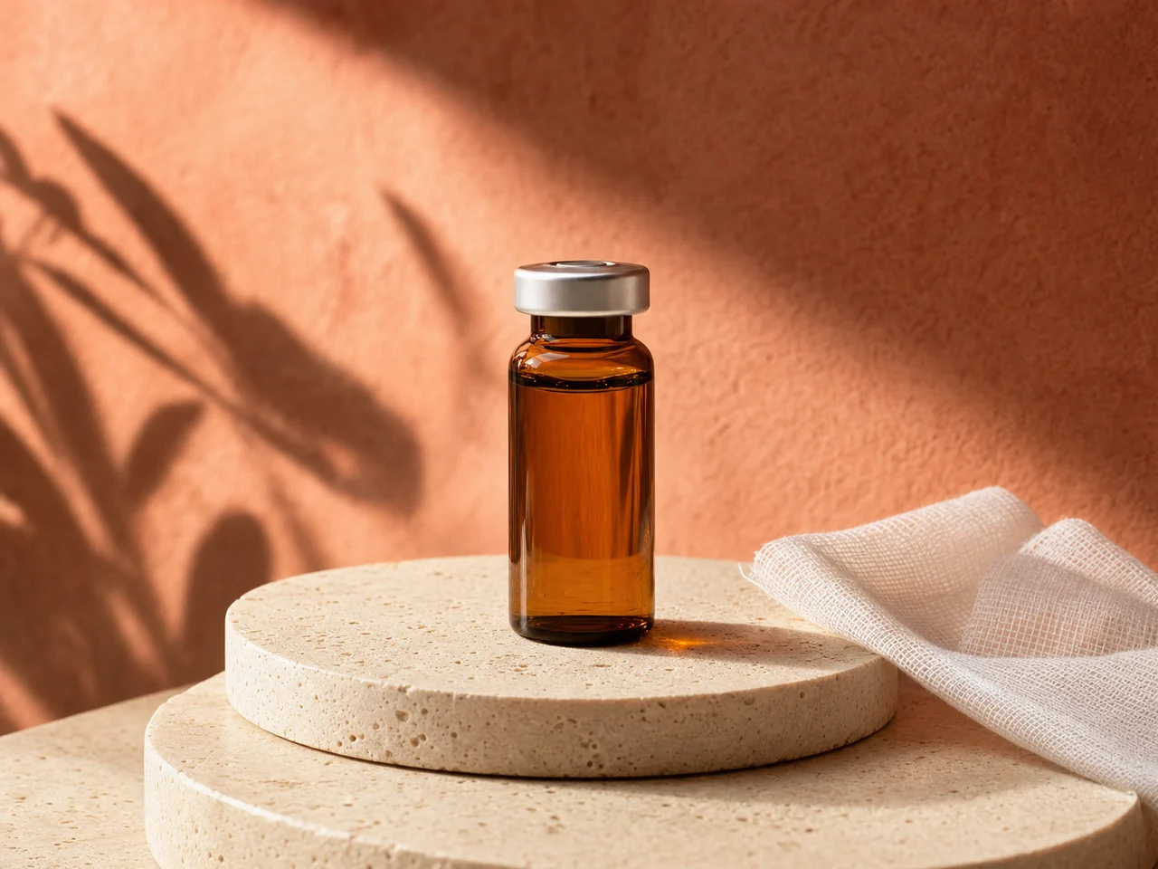 A single amber vitamin vial on a pale stone plinth with a soft coral backdrop.