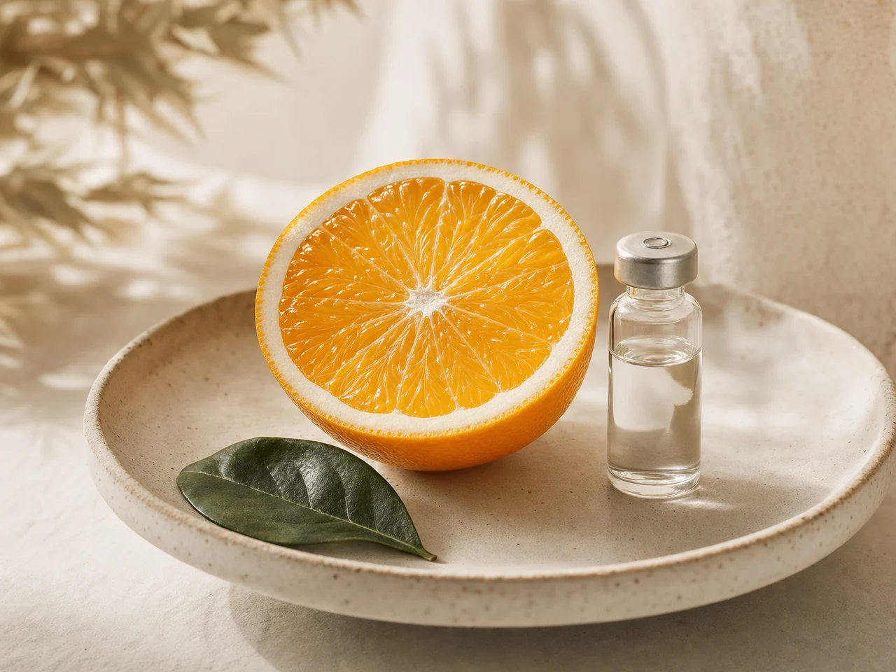 A fresh citrus half and translucent glass vial in bright warm daylight.