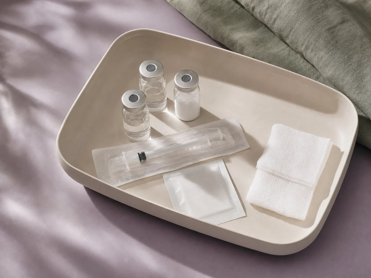 A carefully arranged clinical tray with glass vials, gauze, and a capped syringe.